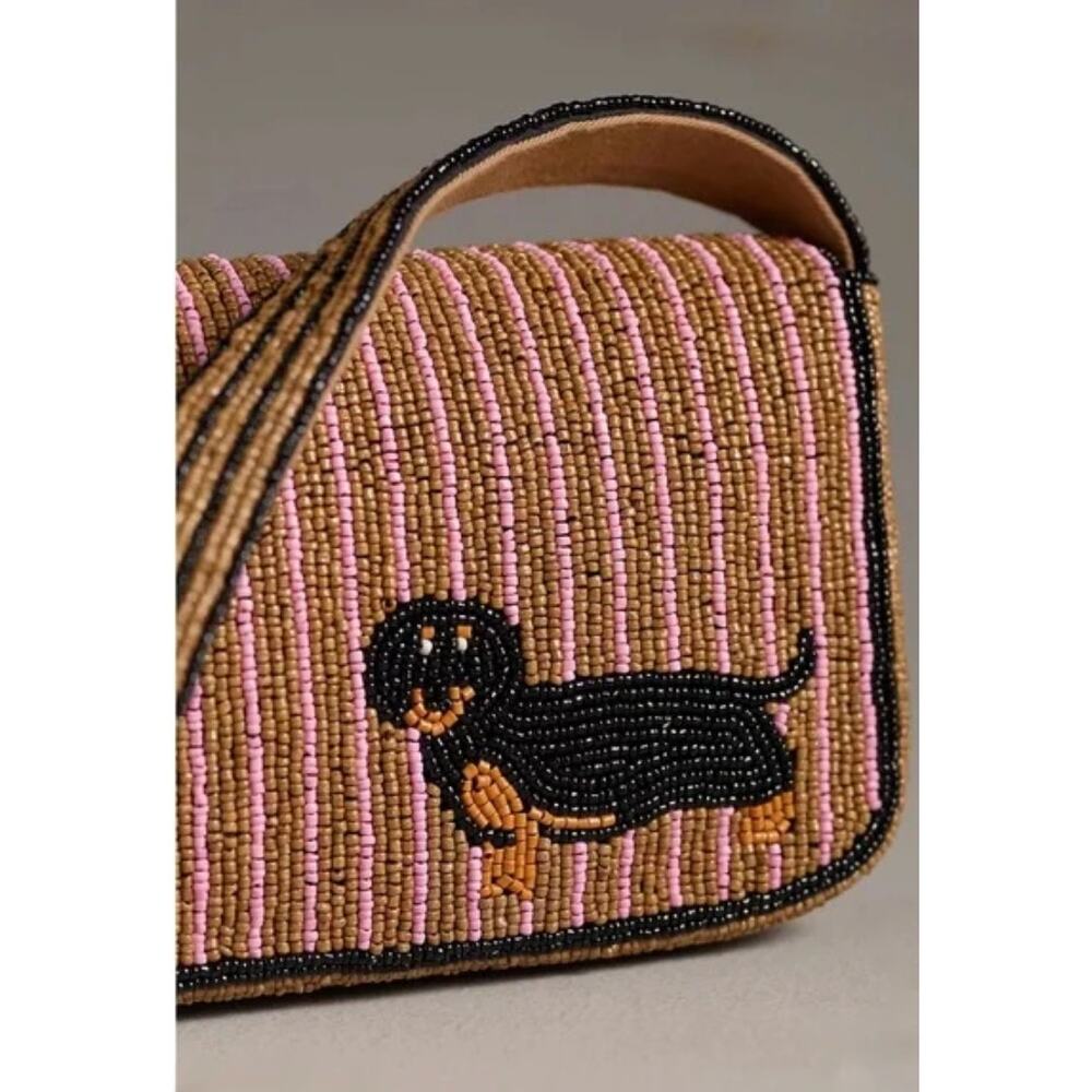Anthropologie The Fiona Beaded Shoulder Bag Animal Edition Dachshund Dog - Picture 2 of 5